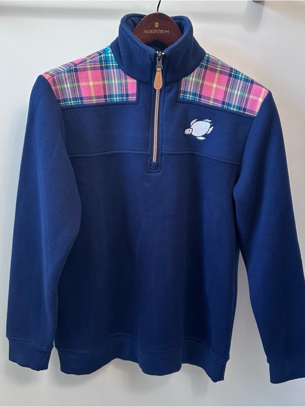 Shelly Cove Save the Turtles Navy Blue 1/4 Zip Sweatshirt Plaid Women’s Medium